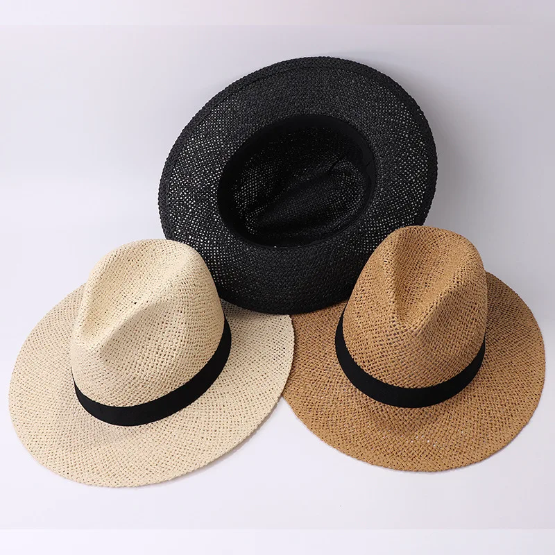 Black Ribbon Band Panama Hats Summer Women Sun Hat for Men Jazz Top Wide Brim Staw Beach Hat Derby Party Wedding Hat 2