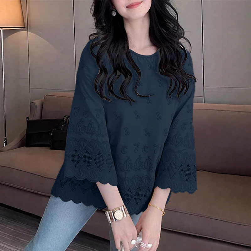 2025 الخريف القطن خمر بلوزة المرأة موضة مضيئة كم ب...