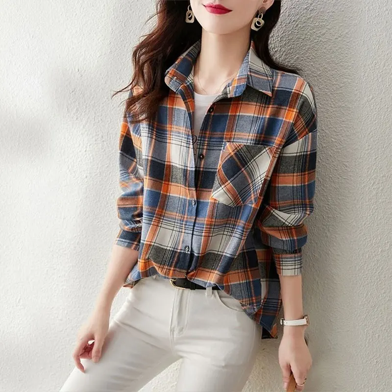 

Elegant Fashion Harajuku Slim Fit Female Clothes Loose Casual All Match Tops Lattice Korean Version Long Sleeve Women Shirt