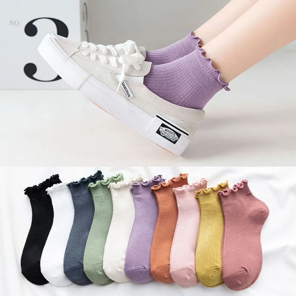 Calzini Donna Con Volant In Cotone – Bianco Con Bordo A Lattuga – Taglia Unica (35-40)