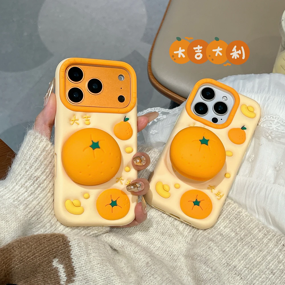 Funny 3D Orange Fruit Soft Silicone Telescopic Stand Case Cover