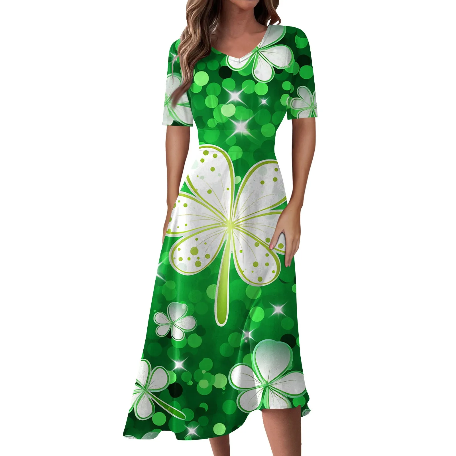 

Ladies Casual Fashion St. Patrick'S Day Print V-Neck Short Sleeve Waist Long Swing Dress Vestidos LiquidacióN 원피스