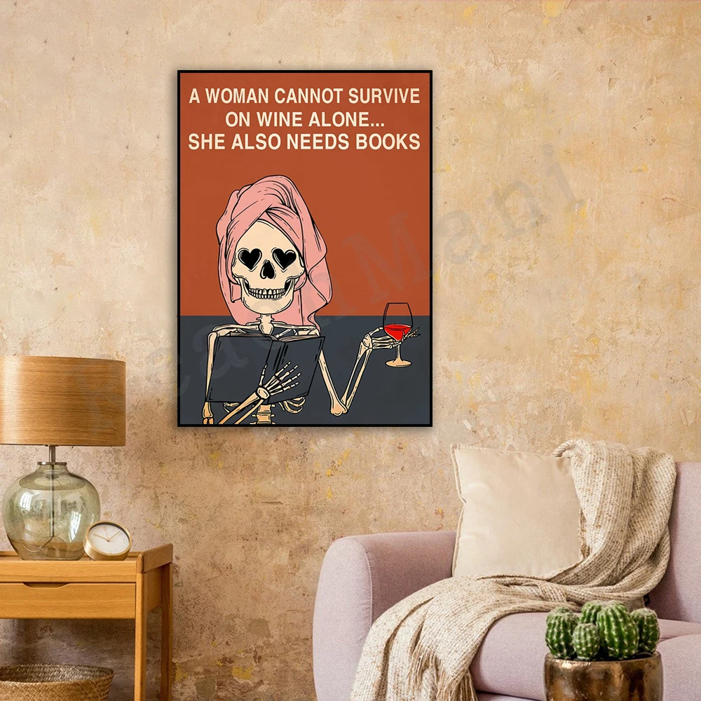 

love book love wine poster, girl love wine and book poster, skull funny poster, happy halloween, wine and book lover gift