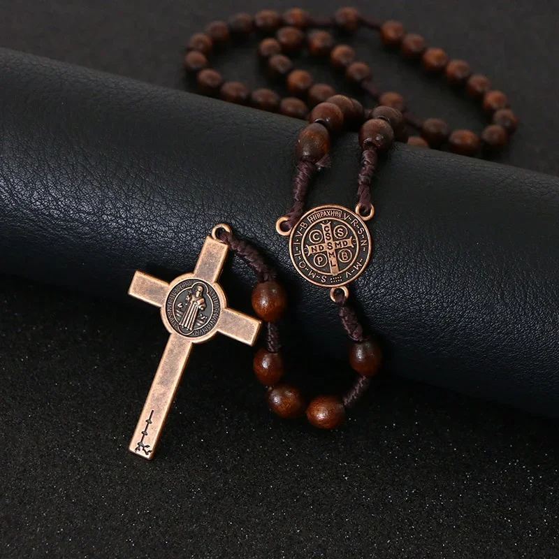 Wood bead rosary with cross pendant detail