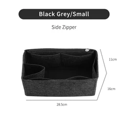 WUTA Felt Insert Makeup Handbag Organizer with Zipper - Portable Travel Purse Storage Tote (Black Gery-S-side)