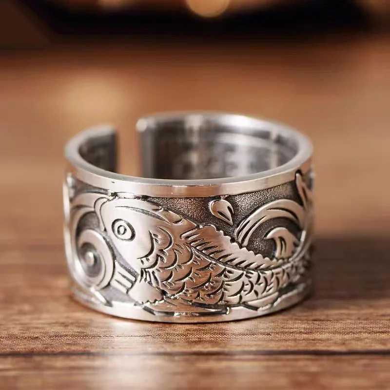 S999 Vintage Thai Silver Heart Sutra Carp Ring Men's and women's open personality trend wide adjustable ring