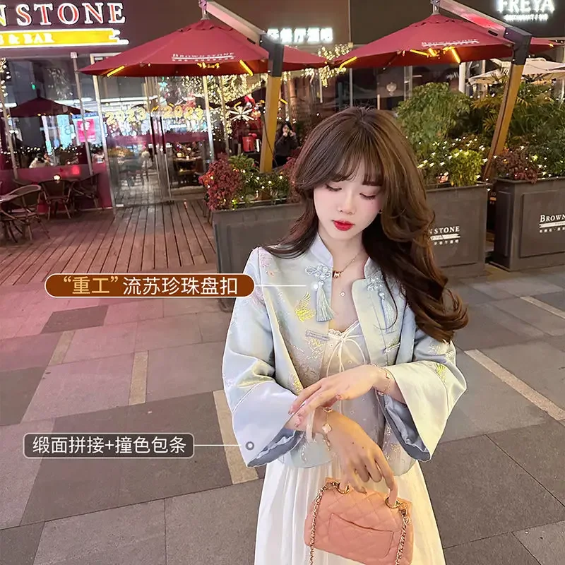Sweet Vintage Stand Collar Floral Embroidery Tassel Long Sleeve Tang Suit Jacket Women Chinese Elegant Blue Slim Shirt