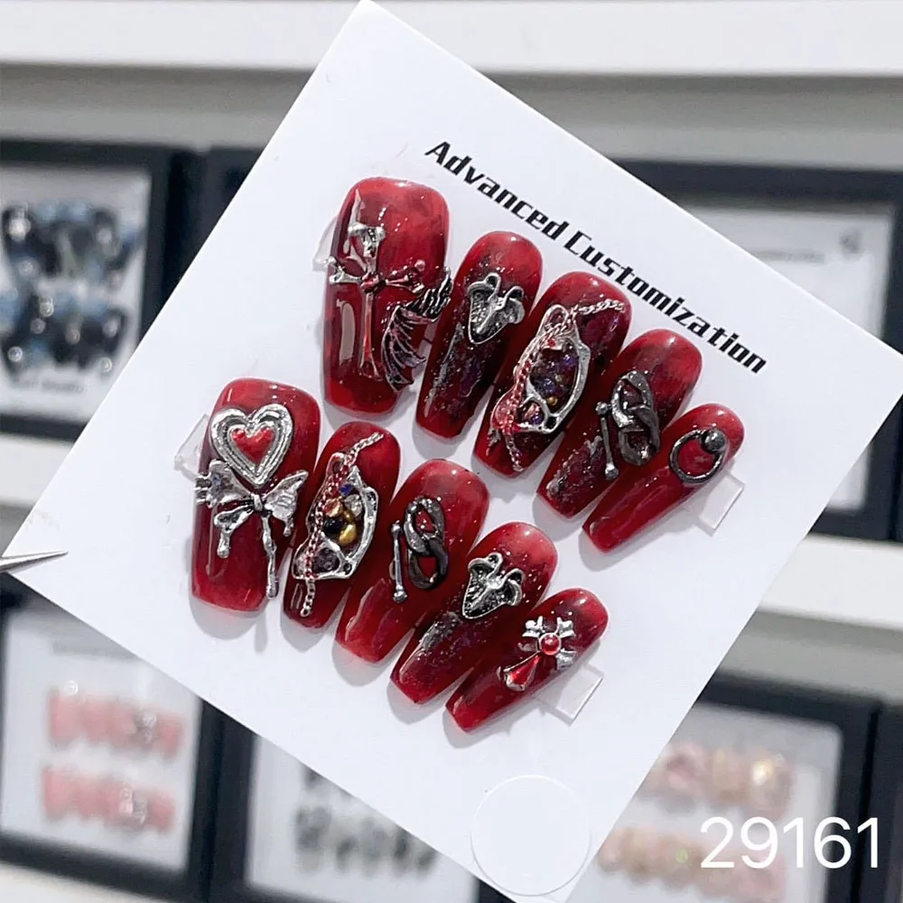

Red Press On Nails Hand Made Gothic Punk Style 10 Pieces Full Cover Conffin Oval Square Medium Wearable Luxury Fake Finger Nails