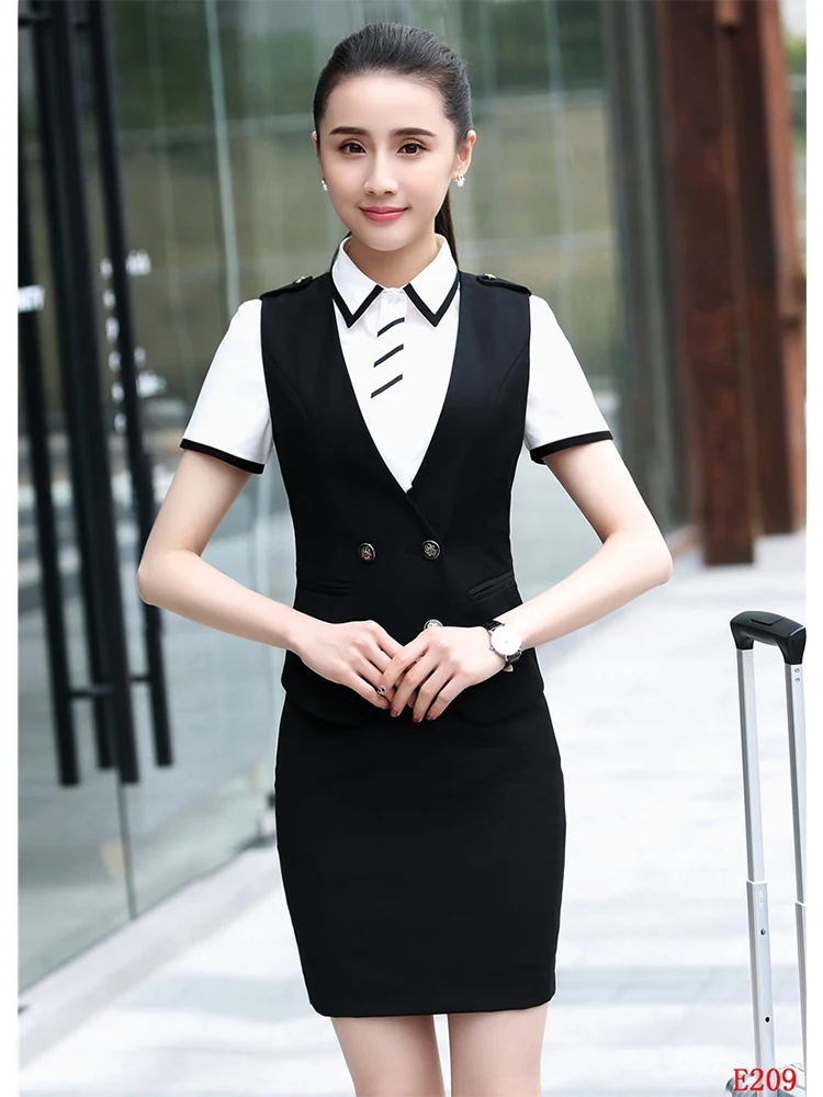 Women Business Suits with Skirt and Jacket Sets Office Uniform Styles Formal Ladies Blue Striped Vest & Waistcoat