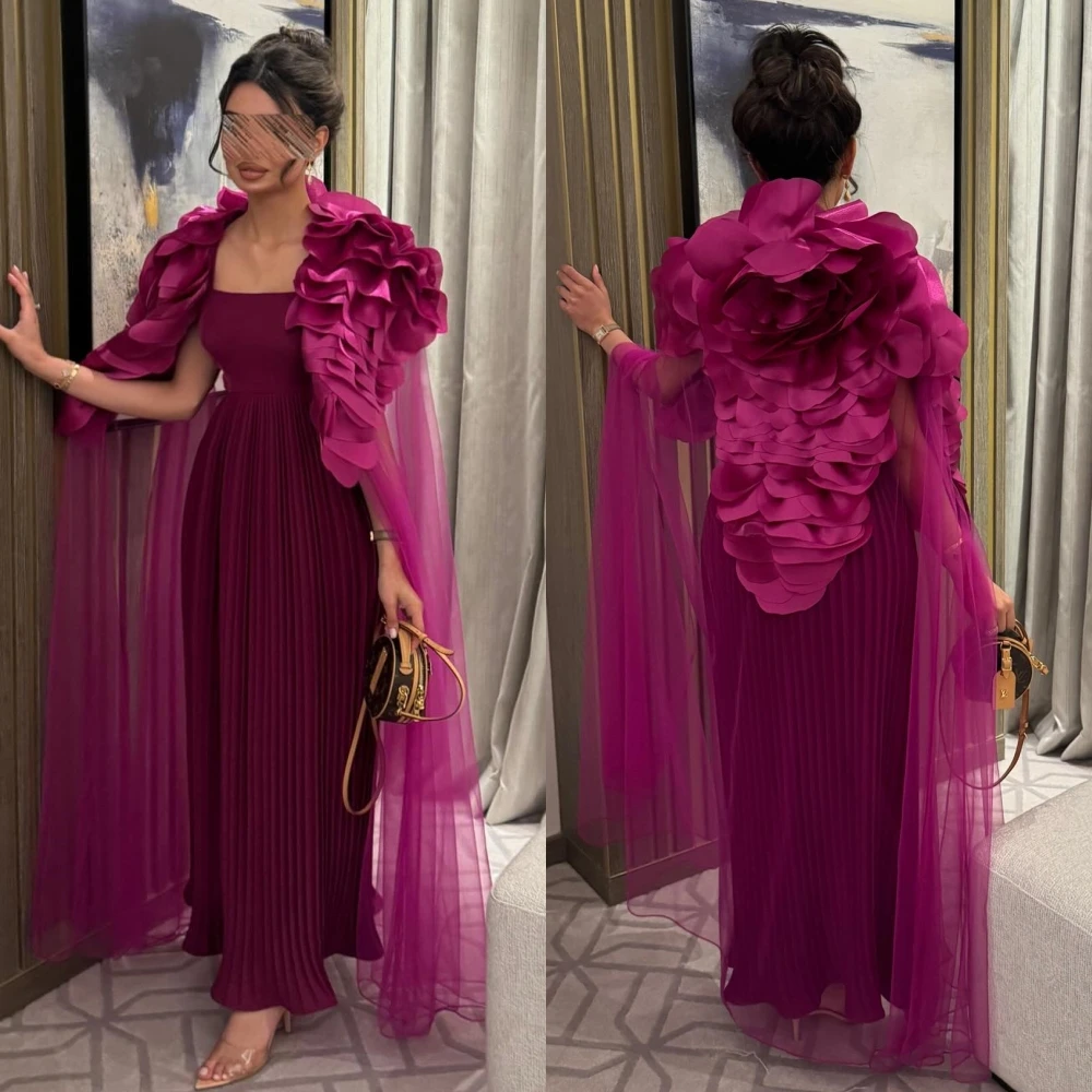 Jiayigong  Satin Draped Tiered Pleat Engagement A-line Square Collar Bespoke Occasion Gown Long Sleeve Dresses
