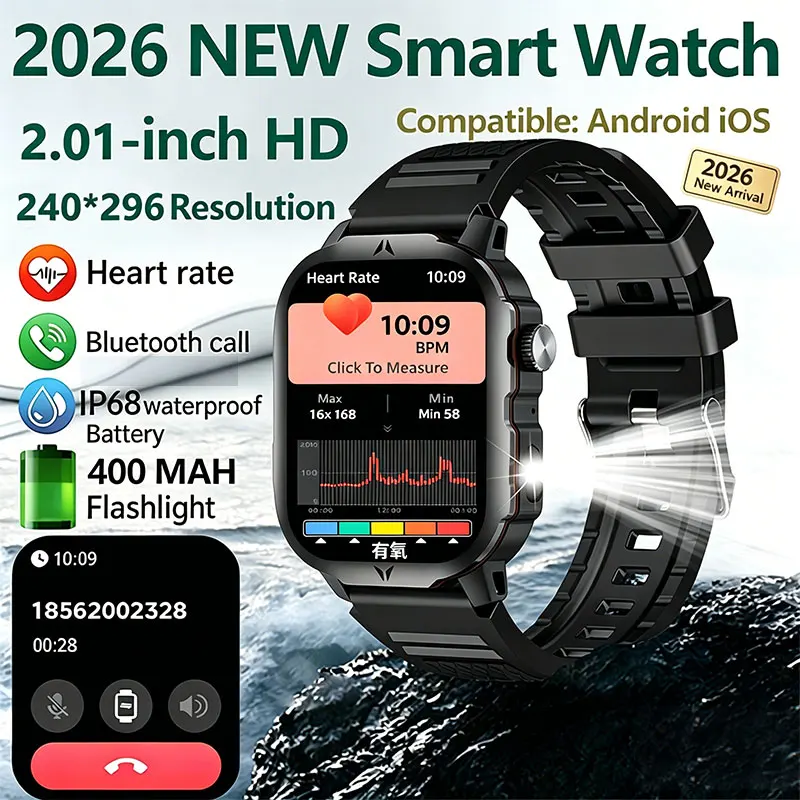 2026 New 2.01-inch AMOLED Outdoor Smart Watch NFC Heart Rate Health Monitoring IP68 Bluetooth Call LED Flashlight Smartwatches 1
