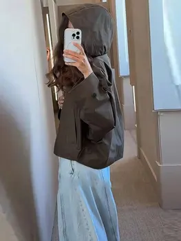 HH المرأة سترات هوديي غير رسمية مقاوم للماء ربيع الخريف كم طويل أزرار جانبية معاطف موضة شارع العليا سيدة أبلى 5