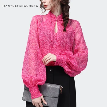 Fashion Lantern Sleeve Embossed Chiffon Blouse Women Solid Color Stand Collar Spring Summer Tops Loose Casual Floral Shirts