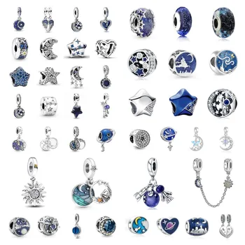 925 스털링 실버 도금 달 별 태양 블루 펜던트, 여성용 파인 댕글 팔찌 액세서리, 비즈 참, 인기 신상 패션