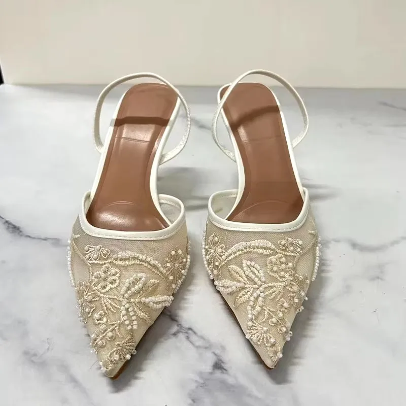 TRAF Woman Vintage Embroidered High Heels White Pointed Toe Stiletto High Heels Pumps Autumn Elegant Female Slingback High Heels 6