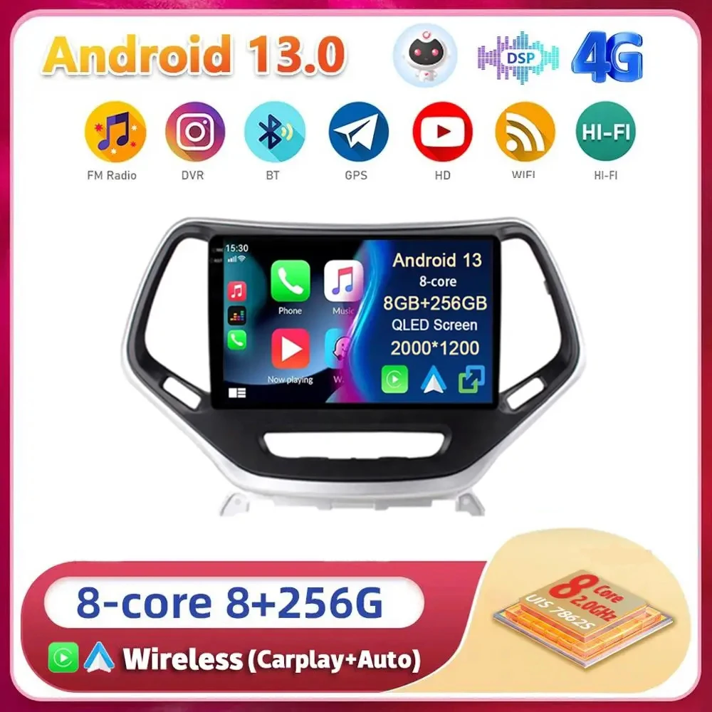 

Android13 For Jeep Cherokee 5 KL 2014 2015 2016 2017 2018 Multimedia Car Radio Player WIFi+4G DSP Head Unit Touch Screen Carplay