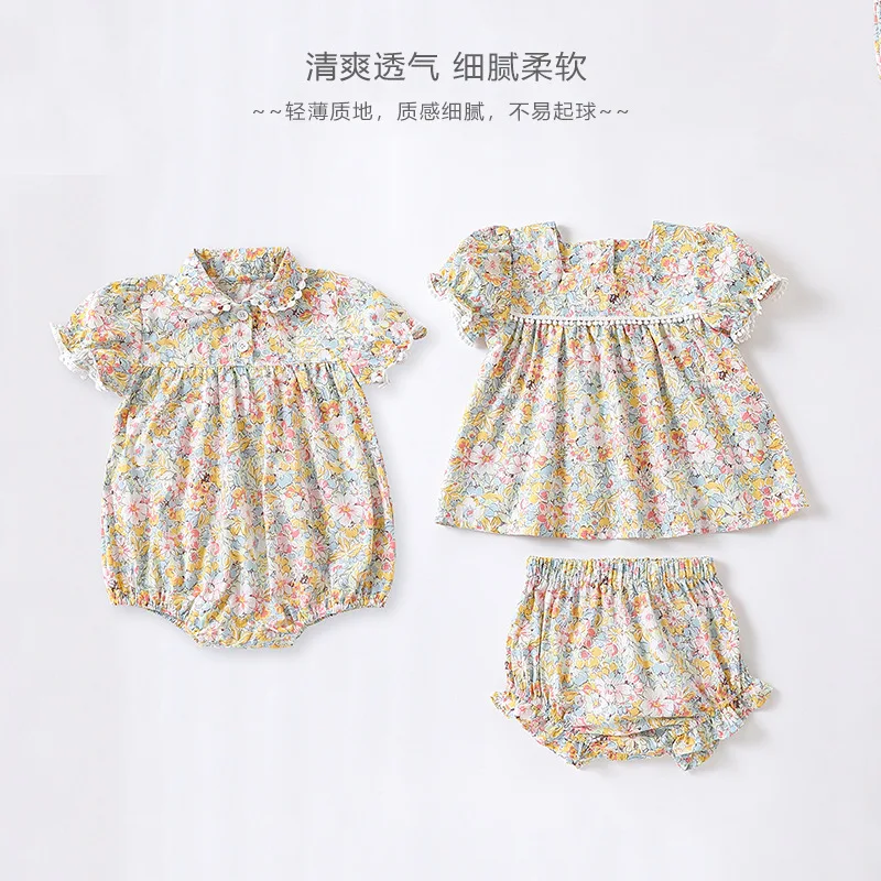 

Jenny&Dave 2023 Summer Baby Fashionable Girl Broken Flower Princess Wrapped Fart Coat Baby Sweet Crawling Clothes Baby Short Sle