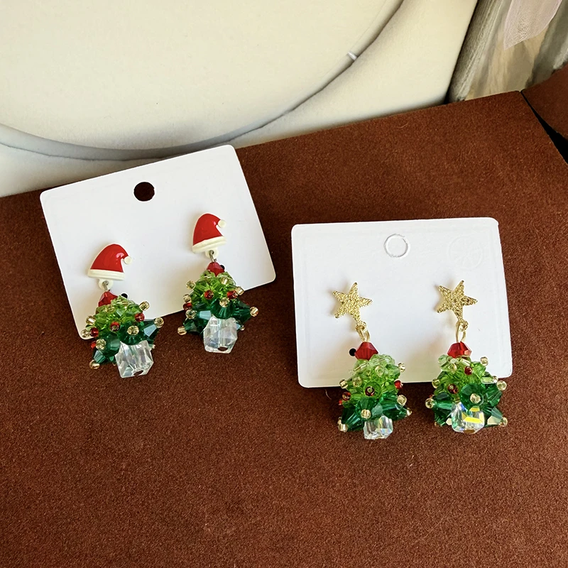 Handgefertigte Perlenimitation Kristall Weihnachtsbaum Anhänger Ohrringe Weihnachtsdesign für Damen Modeschmuck Ohrzubehör – Detail 9