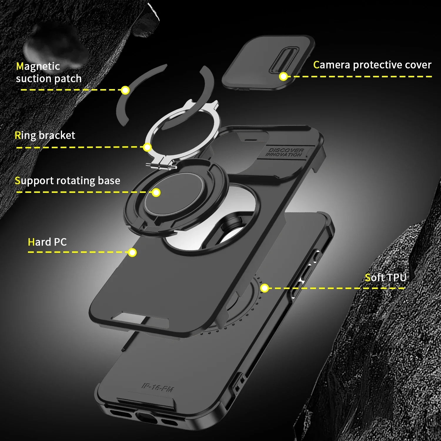 Csúsztatható kameralencse-védő tok iPhone 16 15 14 Plus 13 12 11 Pro Max 360 fokban forgatható mágneses gyűrűtartó borítóval Coque_voghion.com