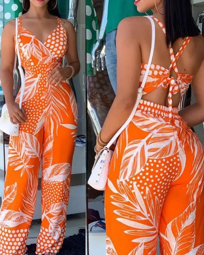 

2023 Woman Long Jumpsuits Elegant Sexy Tropical Print New Fashion Spaghetti Strap Jumpsuit Casual Female Clothing Outfits Summer