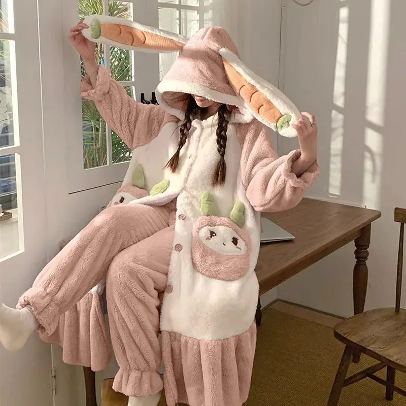 Coral Velvet Night-Robe Women Fleece-lined Thickened Autumn Winter Warm Cartoon Hooded Nightclothes Suit Female Flannel Homewear