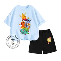 Summer Kids Two-piece Pikachu Animation-themed Cartoon Character Print Design O-neck Delicate Short Sleeves and Fitted Shorts 2