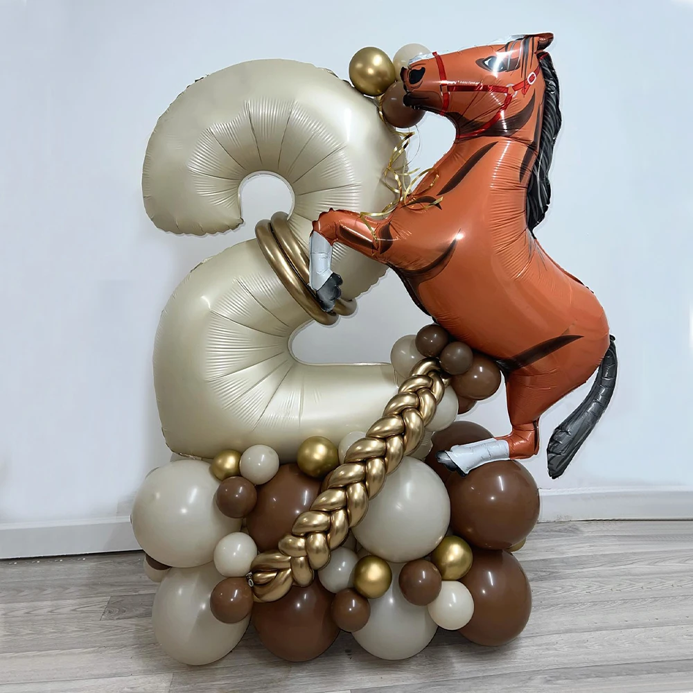 

45Pcs Giant Horse Themed Foil Balloons Set with 32inch 0-9 Cream Number Balloon for Kid Western Birthday Party Baby Shower Decor