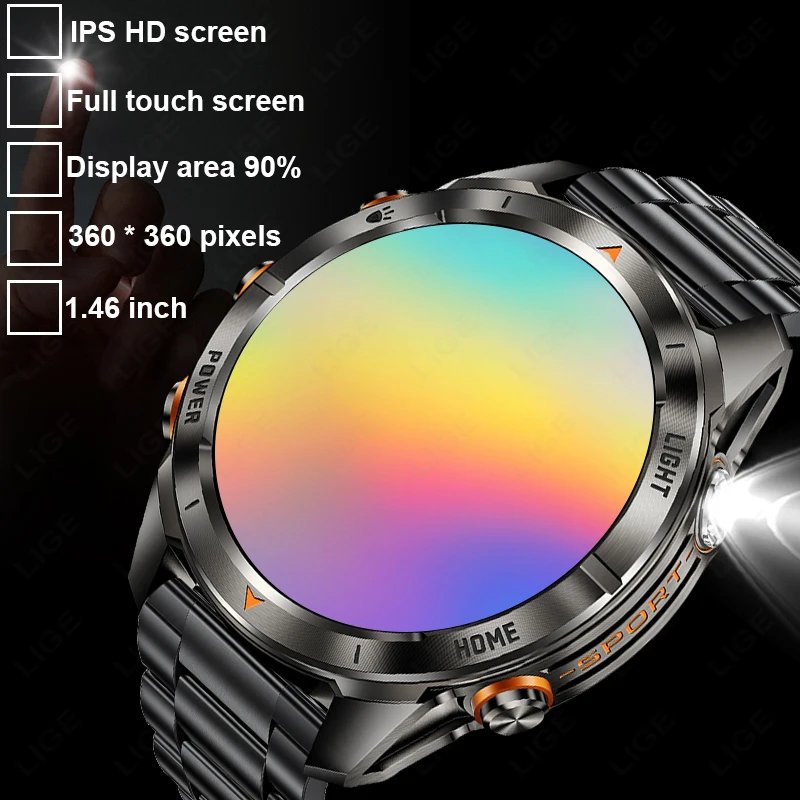 Military Smart Watch Men 3ATM Waterproof 1.46" AMOLED Screen LED Flashlight 515mAh Battery Heart Rate Sports BT Call Smartwatch