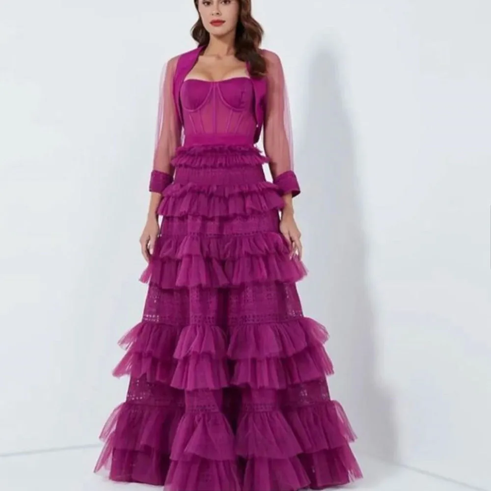 

Solid Color Prom Gown for Women A-line Pleat Tiered Ruffle Floor-Length Evening Party Dresses with Coat فساتين للحفلات الراقصة