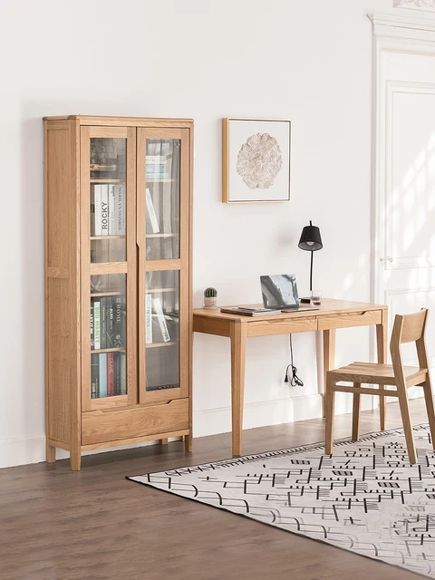 All solid wood bookcase home with glass door bookshelves Simple modern oak bookcase study shelf