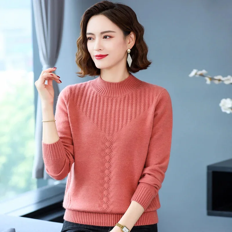 

Knitting Bottoms Shirt Warm Autumn Winter Sweater New Women Half-Turtleneck Twisted Flowers Pullover Sweaters Pull Femme