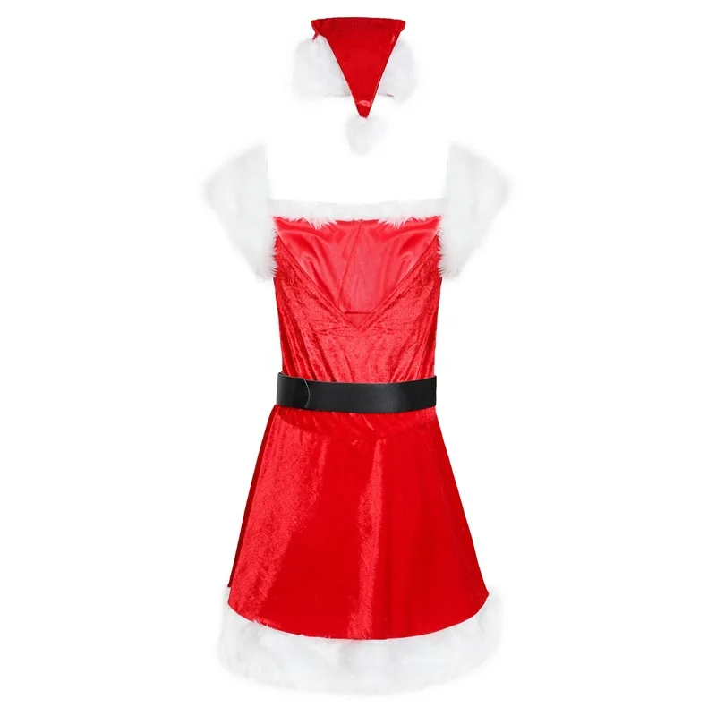 Women Christmas Costume Sleeveless Furry Patchwork Belted Slip Dress with Hat Party Outfit - Festive Holiday Attire for Women