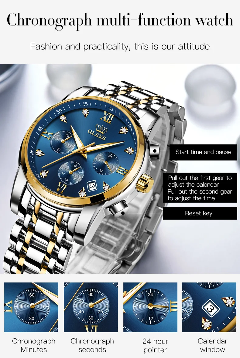 Top Brand OLEVS Luxury Quartz Watch for Men Waterproof Stainless Steel Watch Man Luminous Stop Date Display Wristwatch for Male