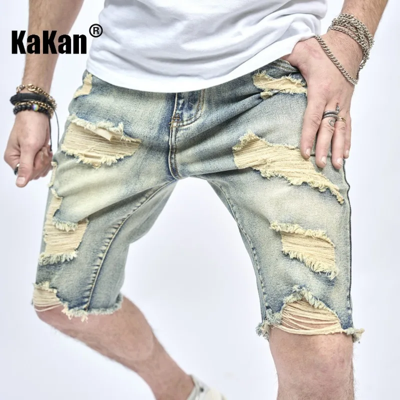 Kakan - European and American New Product Men's Half Slim Fit Small Feet Scratched Jeans Trendy Youth Perforated Shorts Jeans