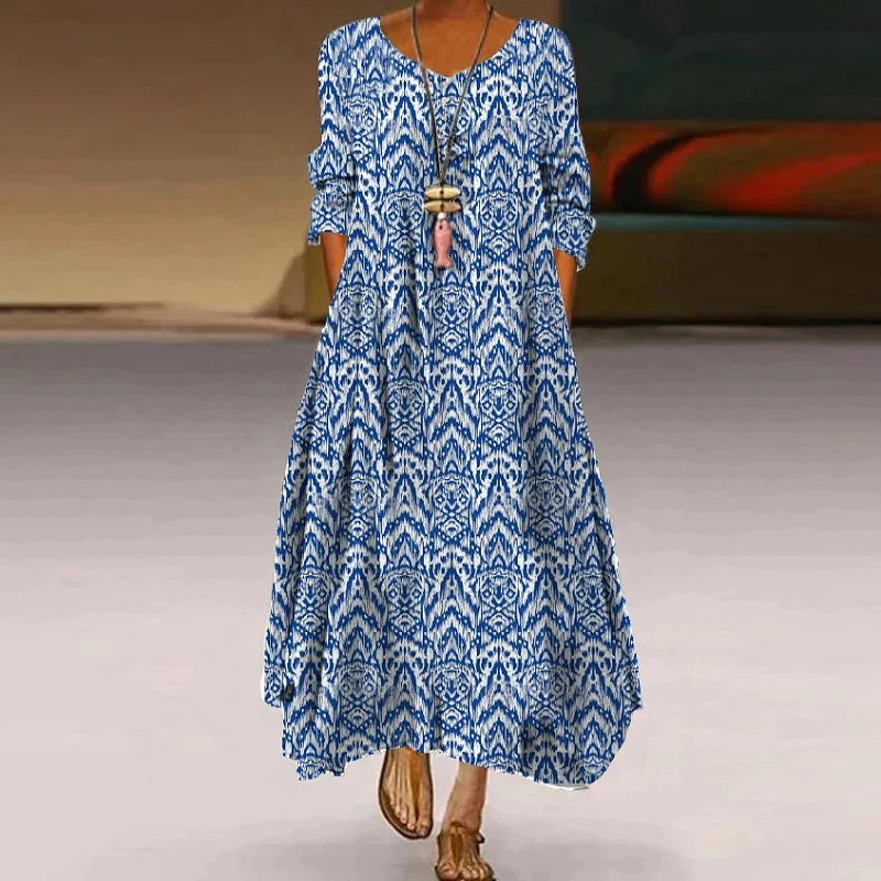 

Retro Bohemian Printed Long Dress Women's Casual Three Quarter Sleeve O-neck Pullover Dress Ladies Fashion Loose Pocket Dresses