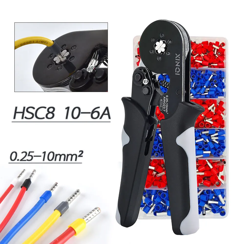 Hexagon Wire Terminal Ferrule Crimping Tool HSC8 10-6A Self-Adjusting Ratchet Crimping pliers Electrician Tools for AWG 23-7 wire terminal crimping tool