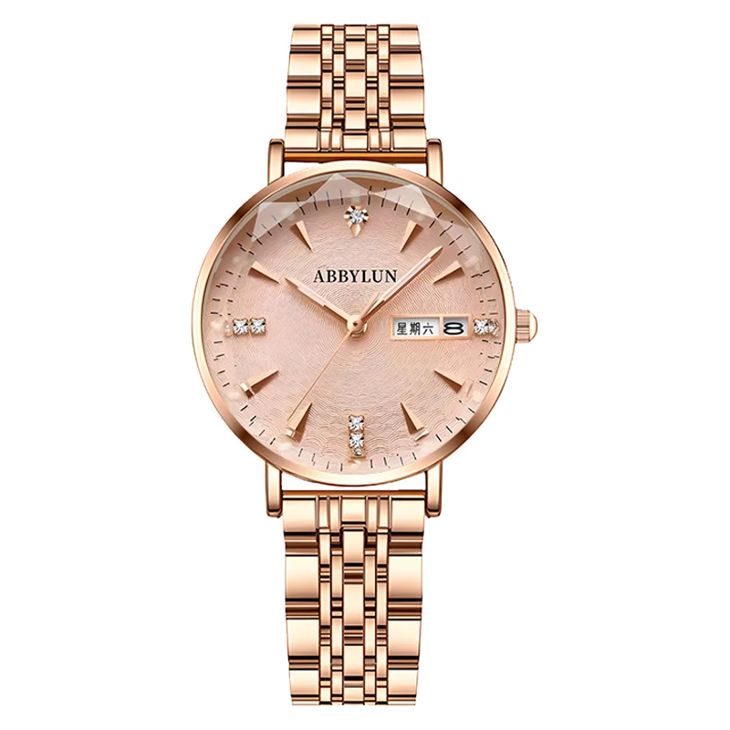 

Женские кварцевые часы ABBYLUN, коллекция 312 года, модные простые часы из розового золота со светящимися стрелками, дамские наручные часы с отображением даты, подарок для девушек