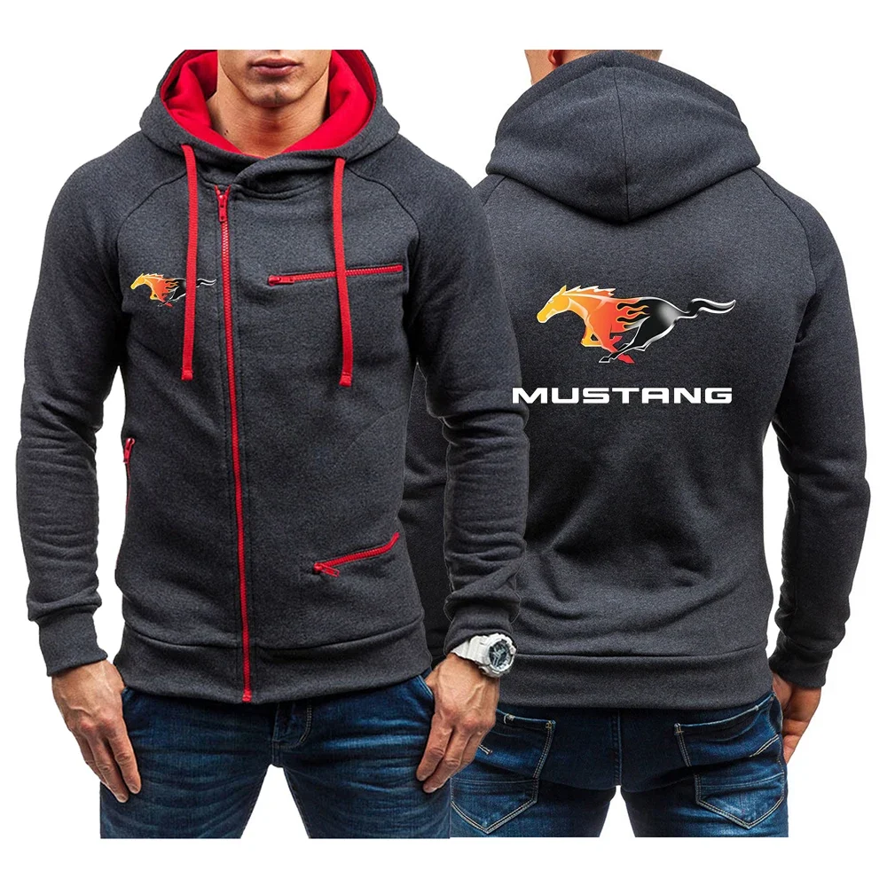 

2024 Mustang Car Logo Men's SpringAutumn Casual LongSleeve Zip Up Hoodie Sweatshirt Patchwork Hooded Streetwear Hoody Cardigan