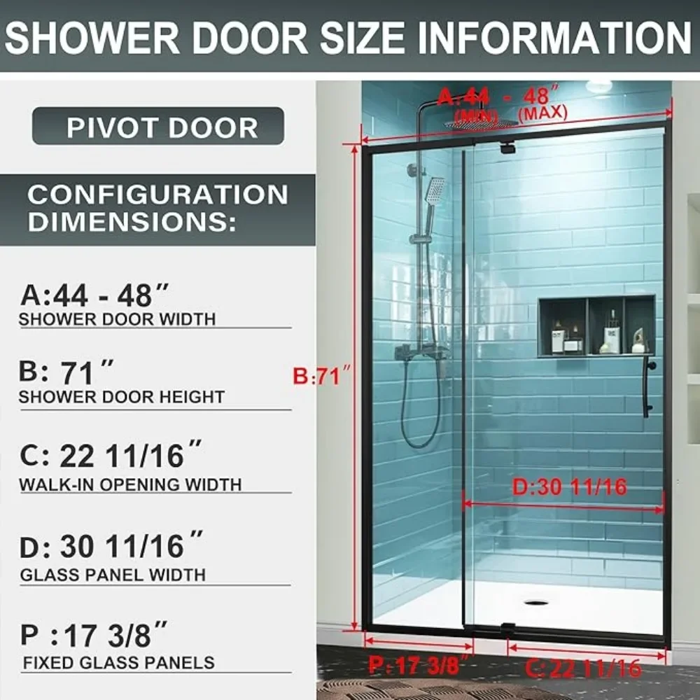 Shower Door, 44-48" W X 71" H, Semi-Frameless Sliding, 1/4" Clear Tempered Glass, Reversible Installat, Swing Glass Shower Door 3