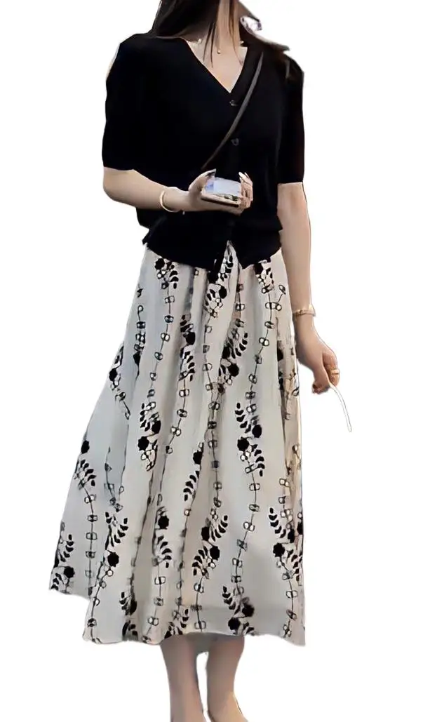 

2023 Women's Clothing Summer New Knitted Cardigan with Printing Skirt Sets 0804