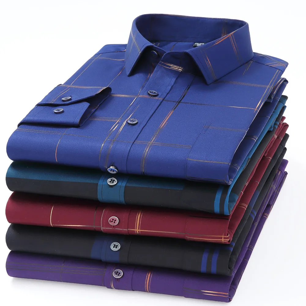 Men's Printed Shirt Long Sleeve Casual Elastic Soft No-iron Free Thin Easy Care Bausiness Silk Dress Shirts Luxury Clothing 4XL