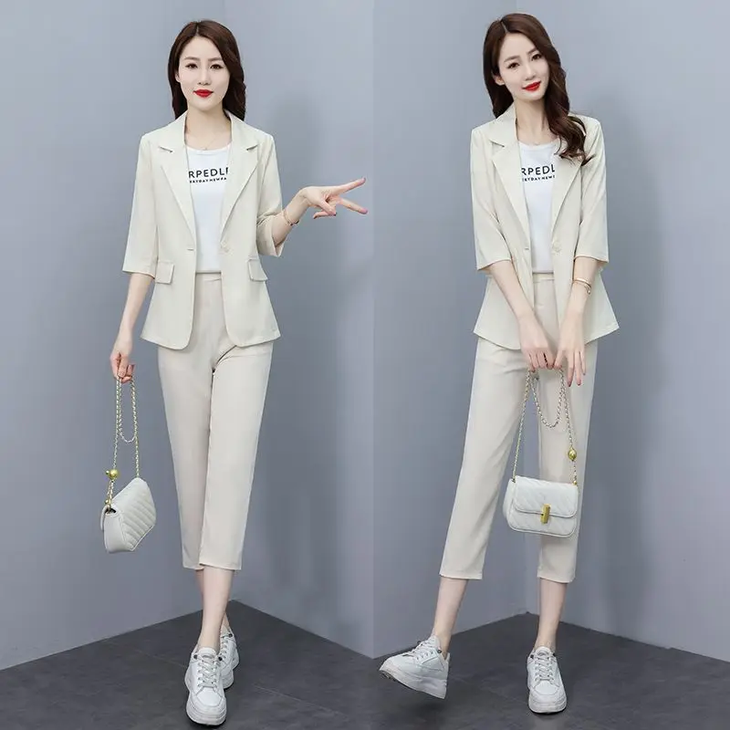 Korean Style Thin Jacket Blazer Casual Pencil Pants Two-piece Elegant Women's Pants Set Summer Office Outfits Clothing