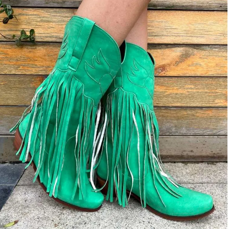 Cowboy Boots Shoes For Women 2022 New Tassel Chunky Heels Pointed Toe Green Red Western Boots Fashion Slip-on Wedge Boots Female