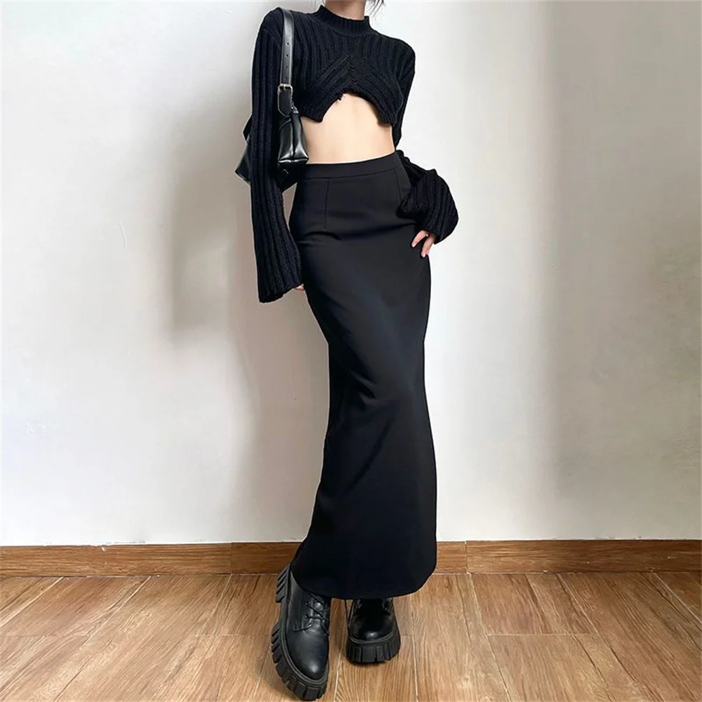 2024 New Spring Summer Black Long Skirts Women Pure Back-slit Designed High Waist Elegant Office Lady Korean Fashion Clothing 2