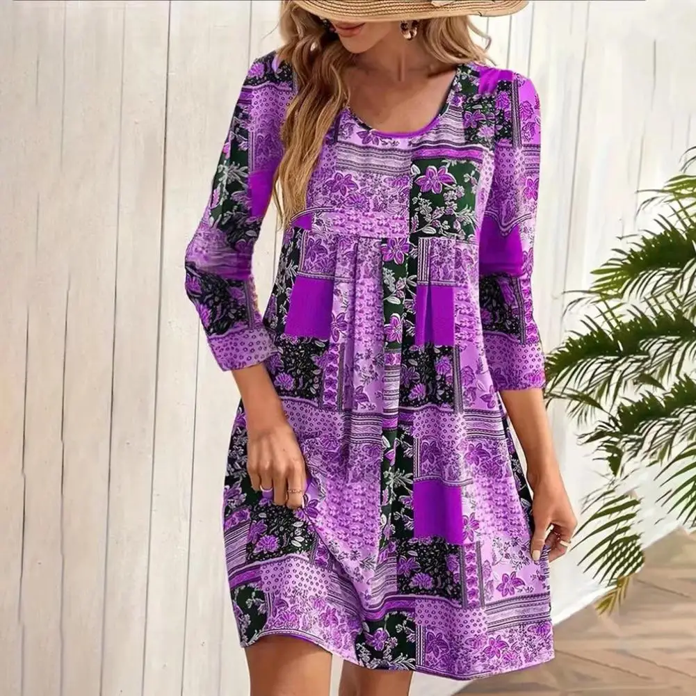 

Spring Mini Dress Retro Ethnic Print Long Sleeve Mini Dress for Women Soft Breathable O Neck Pullover Above Knee Length Spring