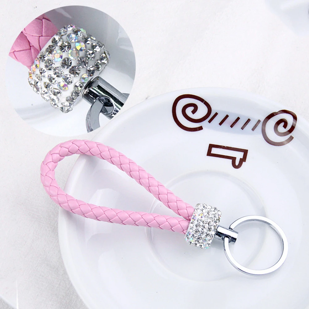 Fashion PU Leather Woven Keychain Glitter Rhinestones Braided Rope ...