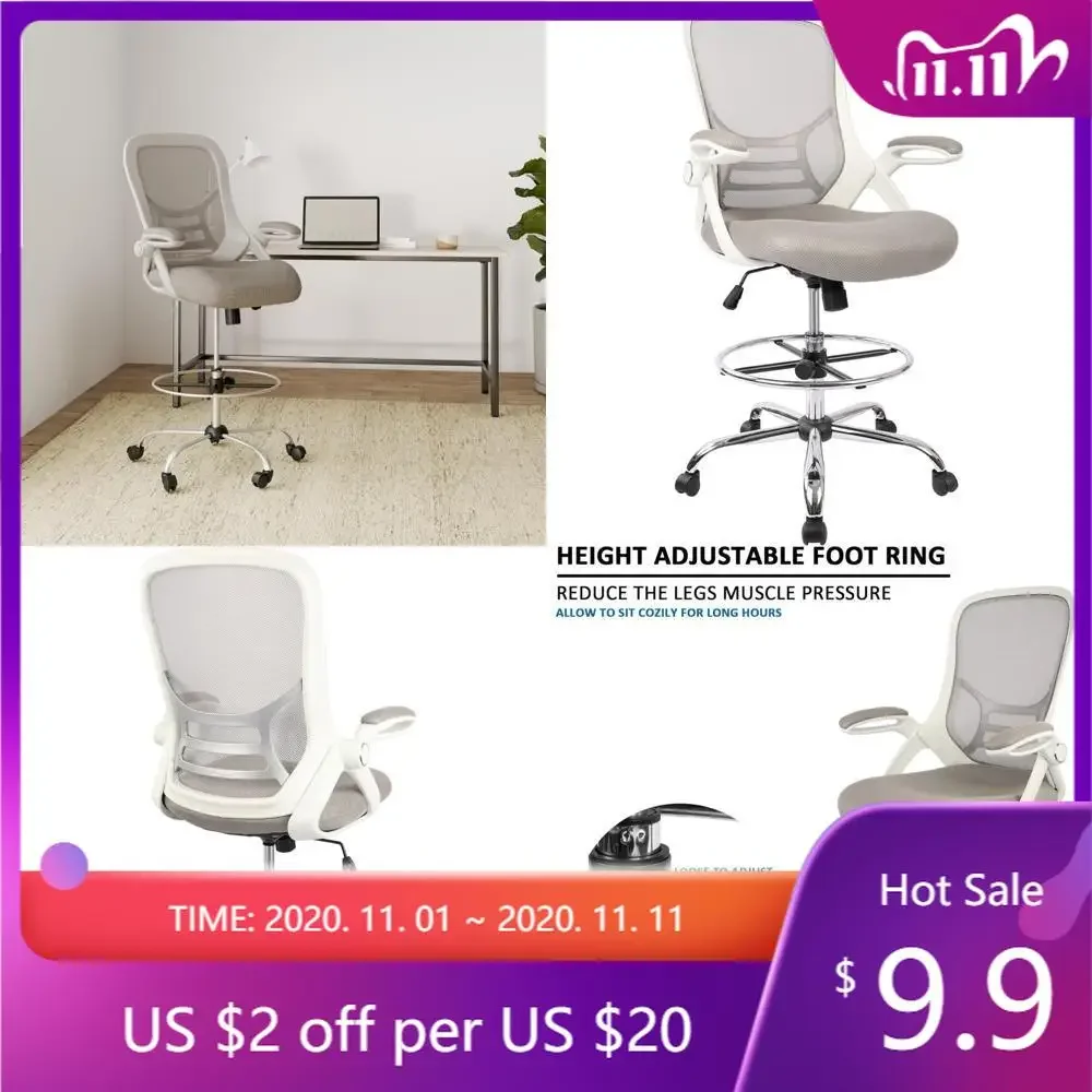 "ergonomic high-back drafting chair with adjustable footrest, flip-up armrests, and mesh back for standing desks"