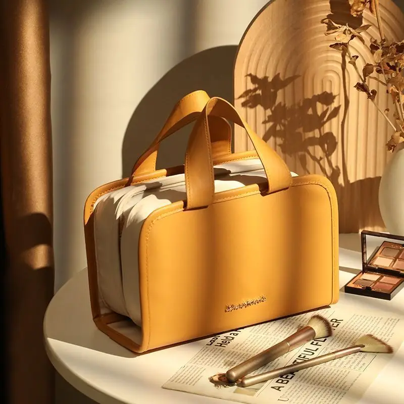 Cosmetic Bags PU Leather Book Minimalist Style Large Capacity Portable Solid Color Vacation Travel Bathroom Skincare Storage Bag blush pink and mustard yellow minimalist color block shower curtain luxury bathroom elegant bathroom curtain