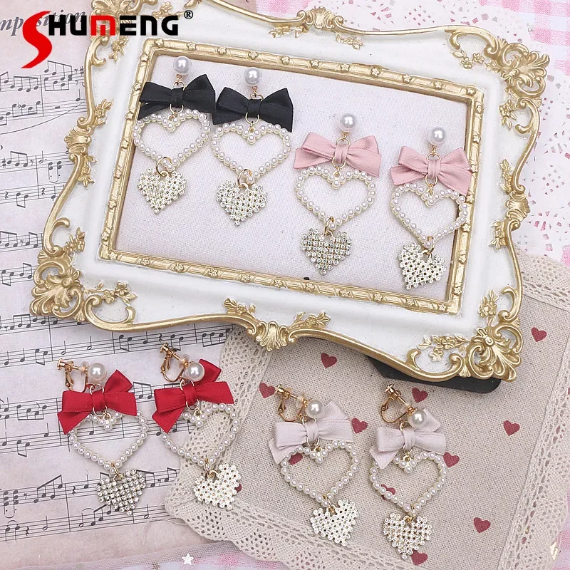 Sweet Bow Heart Shape Rhinestone Ear Clip Lady Hand-Made Pearl 925 Silver Pin Earrings Needle Women's Accessories 2023