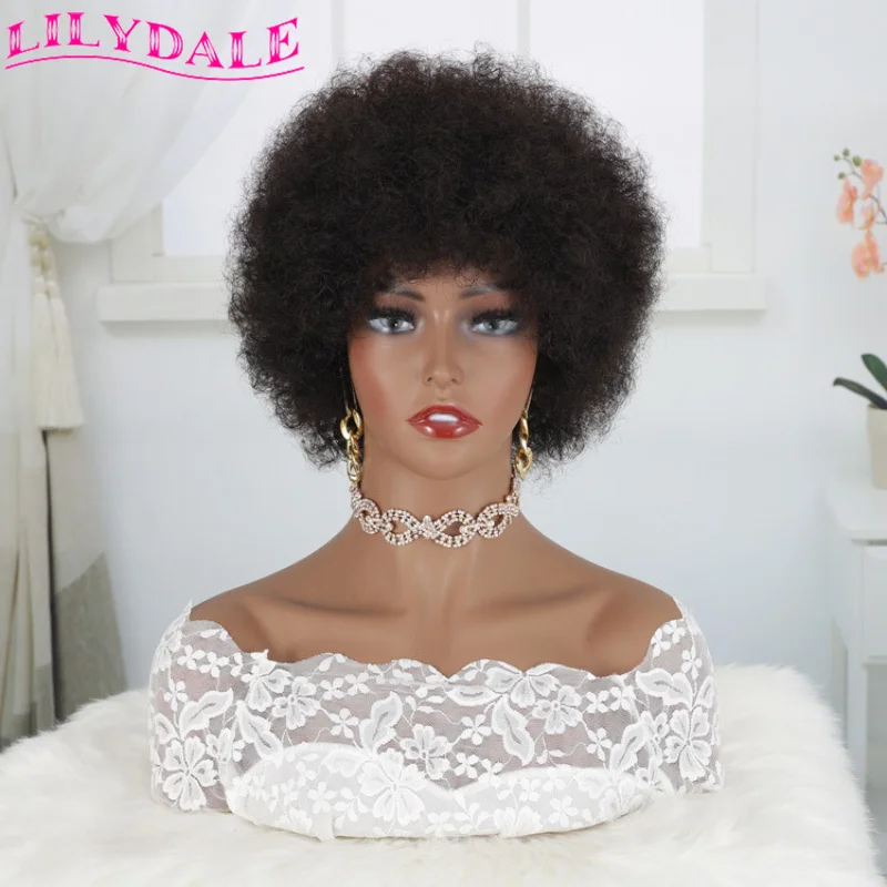 

70s Afro Wigs For Black Women Afro Kinky Curly Wig Human Hair With Bangs Afro Puff Wigs For Daily Party Cosplay Costume On Sale